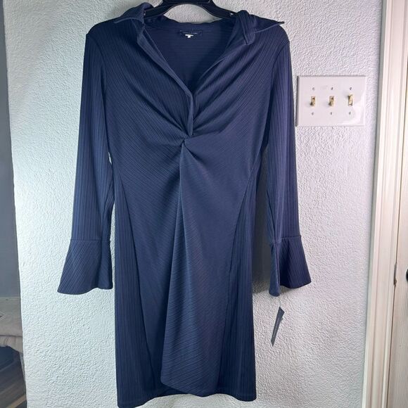 New Tommy Hilfigure Long Sleeve Twist Front Silky Rib Knit Dark Blue Dress Sz 14 - Picture 2 of 12